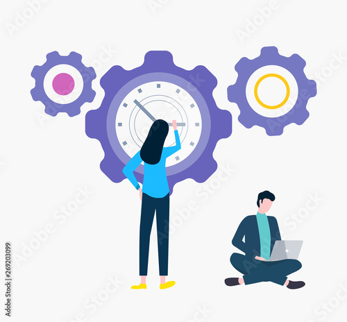 Person working on laptop vector, man and woman deadlines and dates. Lady winding clock cogwheel processing and results. Coder with computer flat style