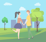 Dating teenage, girl in short skirt, boy in yellow sweater people walking together in city park with green trees, buildings at backdrop. Vector young couple
