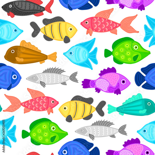 Vector seamless pattern with colorful abstract fish. Undersea world. Aquarium. Wrapping paper, package, wallpaper, poster, clothing and other textile in a pet store, fishing gear shop or aquapark