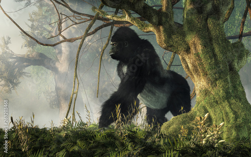 A big hairy ape waits at the edge of the jungle to welcome any intruders into his densely forested realm. The gorilla stands with an alert stance and an angry snarl. 3D Rendering