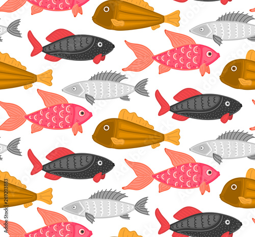 Vector seamless pattern with colorful abstract fish. Undersea world. Aquarium. Wrapping paper, package, wallpaper, poster, clothing and other textile in a pet store, fishing gear shop or aquapark