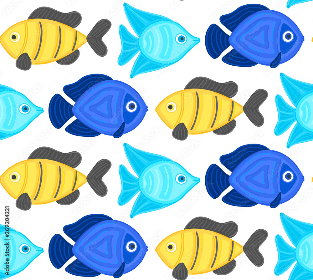 Fototapeta premium Vector seamless pattern with colorful abstract fish. Undersea world. Aquarium. Wrapping paper, package, wallpaper, poster, clothing and other textile in a pet store, fishing gear shop or aquapark