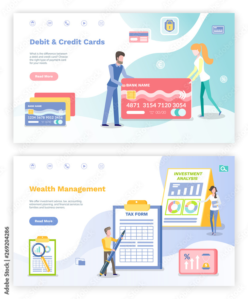 Wealth management vector, debit and credit cards people with banking system. Male filling tax form, infographics on screen, set of transaction. Website or webpage template, landing page flat style