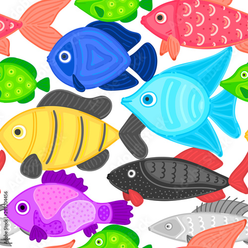 Vector seamless pattern with colorful abstract fish. Undersea world. Aquarium. Wrapping paper, package, wallpaper, poster, clothing and other textile in a pet store, fishing gear shop or aquapark