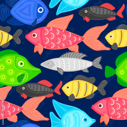 Vector seamless pattern with colorful abstract fish. Undersea world. Aquarium. Wrapping paper, package, wallpaper, poster, clothing and other textile in a pet store, fishing gear shop or aquapark