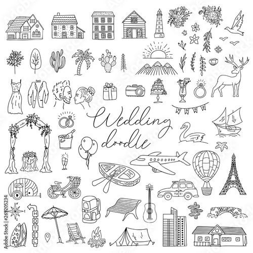 Doodle wedding icon set with decorative elements