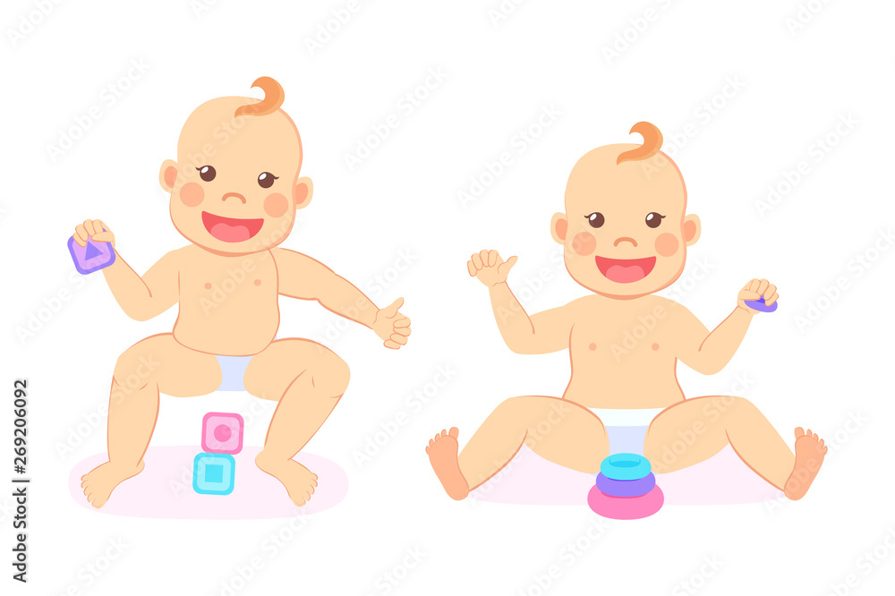 Babies or twins sitting in diaper, portrait view of smiling kids holding toys, newborn flat design style on white, playful infant, laughing children vector Babies or twins sitting in diaper, portrait view of smiling kids holding toys, newborn flat design style on white, playful infant, laughing children vector