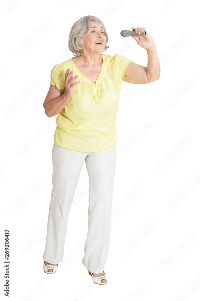 Portrait of senior woman singing isolated on white background Portrait of senior woman singing isolated on white background