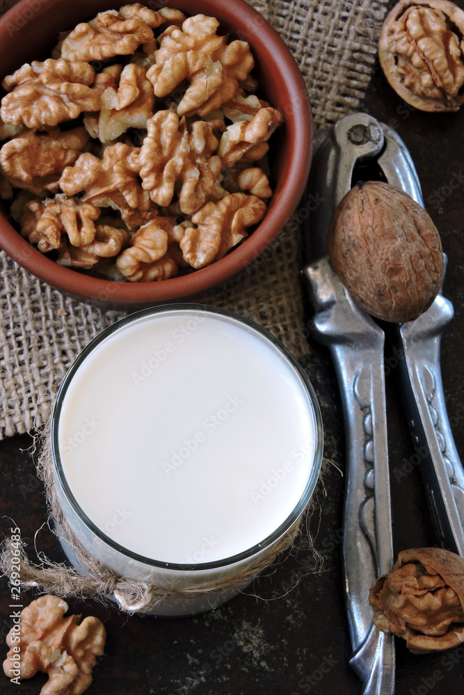 Fototapeta premium Walnut milk. Vegan milk. Keto drinks. Keto diet. Milk containing omega 3 and omega 6.