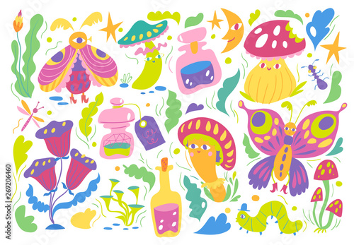 Wonderland vector pattern with insects  flowers and mushrooms. 