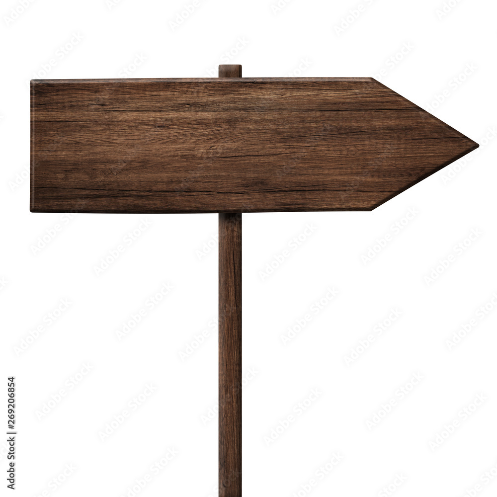 Simple wooden arrow signpost roadsign made of dark wood with single
