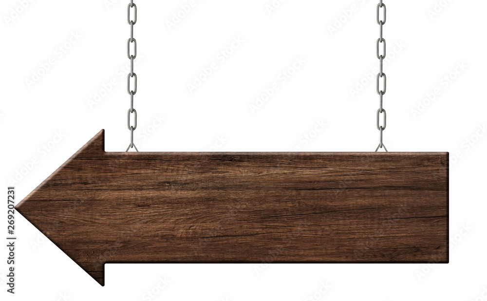 Wooden arrow signpost made of dark wood hanging on chains