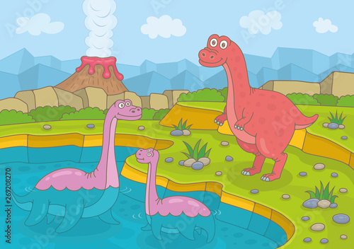 Dinosaurs and volcano with lava. Funny cartoon and vector illustration