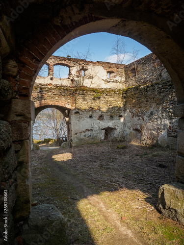 Ruin of Lichtenfels Castle in the Ottensteiner reservoir in the Waldviertel in spring