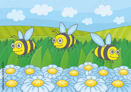 Three bees collecting honey from flowers. Funny cartoon and vector illustration