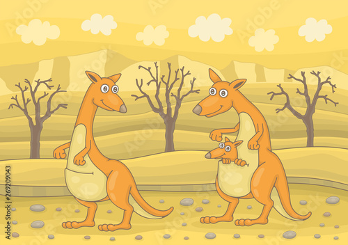 Two kangaroo stading in field. Funny cartoon and vector illustration