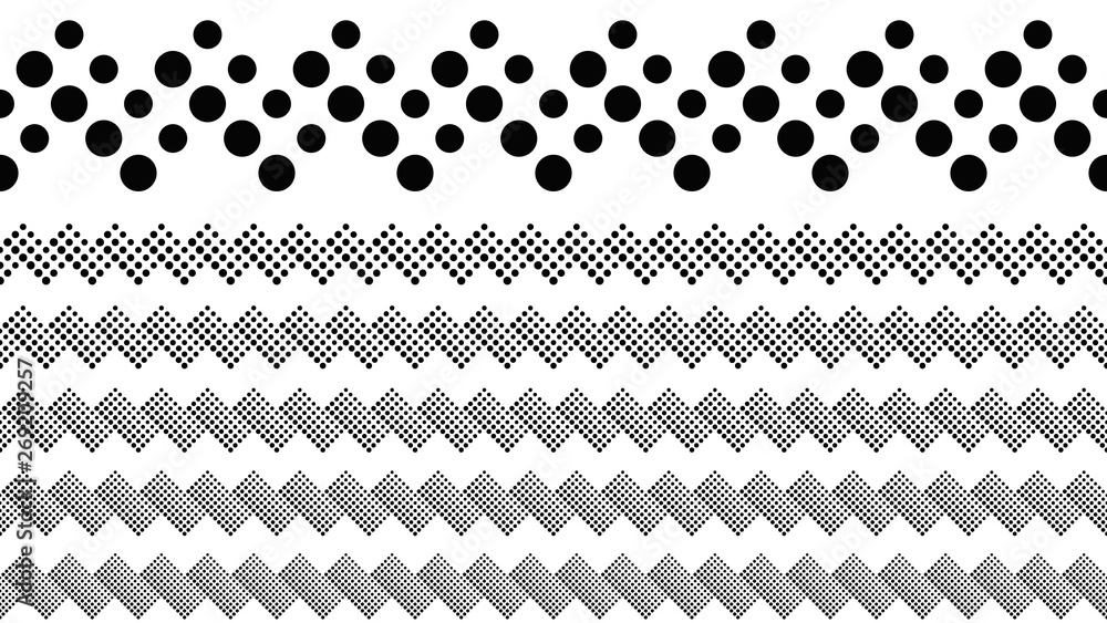 Geometrical dotted pattern dividing line set - black and white abstract vector graphic design elements