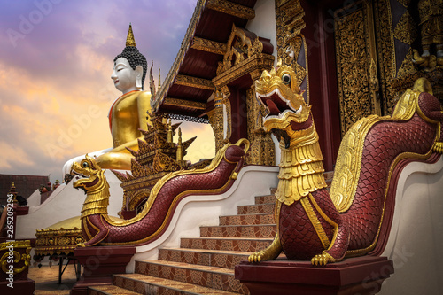 The Dragons and Buddha in Wat Rajamontean Temple of Chiang mai Province Asia Thailand photo