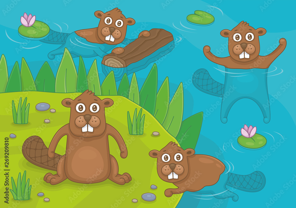 Obraz premium Beavers living by the pond. Funny cartoon and vector illustration