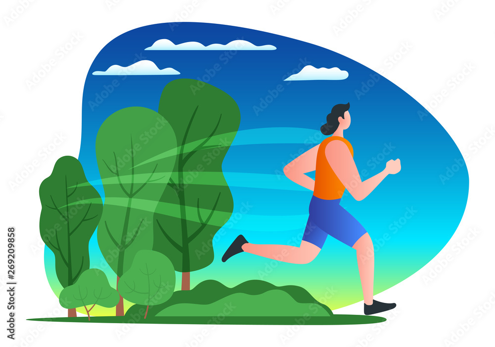 Young man running in a city park. Have a nice running day. Modern vector illustration Young man running in a city park. Have a nice running day. Modern vector illustration