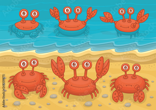 Red crabs on beach. Sea beach. Funny cartoon and vector illustration