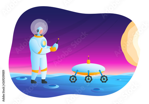 Astronaut manages rover. Space colonization concept. Modern vector illustration