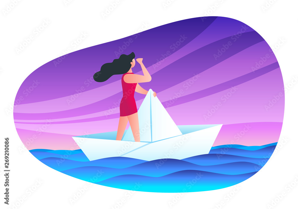 Girl sailing on a paper ship. Time to hope concept. Modern vector illustration Girl sailing on a paper ship. Time to hope concept. Modern vector illustration