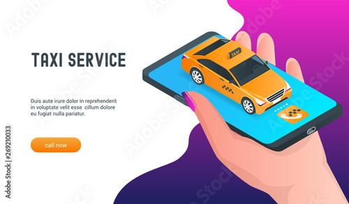Taxi online service mobile application. Hand holds mobile phone with yellow taxi. Highly detailed isometric illustration