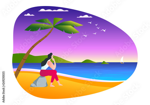 Dreaming girl sitting on the ocean shore. Time to dream concept. Modern vector illustration