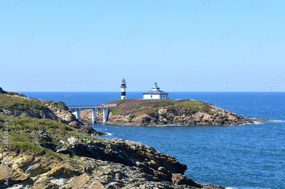 Island with two lighthouses and violet flowers. View from a cliff, sunny day. Isla Pancha, Ribadeo, Spain.