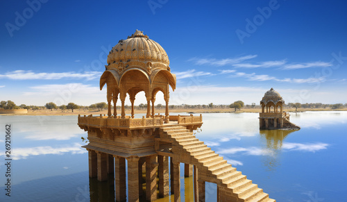 Gadi Sagar temple gazebo on Gadisar lake Jaisalmer, Rajasthan, India  photo