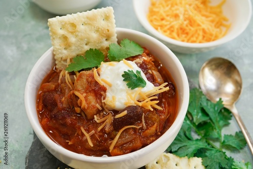 Εκτύπωση καμβά Homemade Chili bowl served with crackers, selective focus