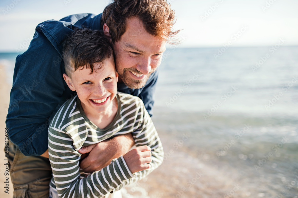 Father with small son on a walk outdoors on beach, having fun. Father with small son on a walk outdoors on beach, having fun.