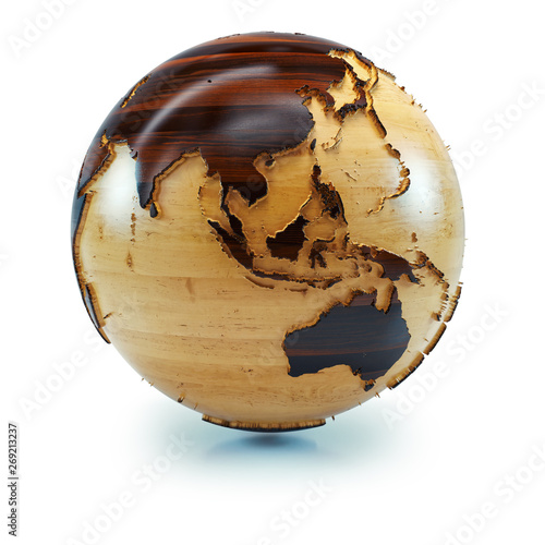 A wooden globe - The earth, made of two different types of wood