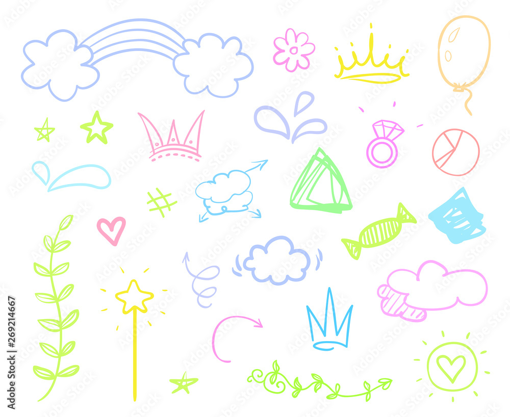 Simple elements on isolated white background. Hand drawn colored shapes on white. Set of different sketched signs. Colorful illustration Simple elements on isolated white background. Hand drawn colored shapes on white. Set of different sketched signs. Colorful illustration