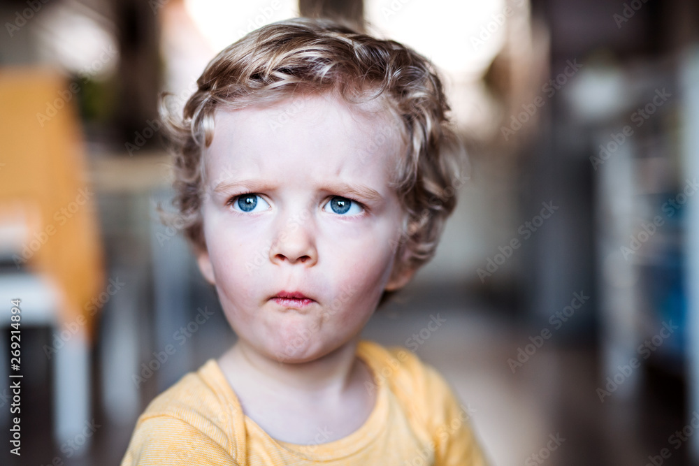 A front view of a toddler boy at home. A front view of a toddler boy at home.