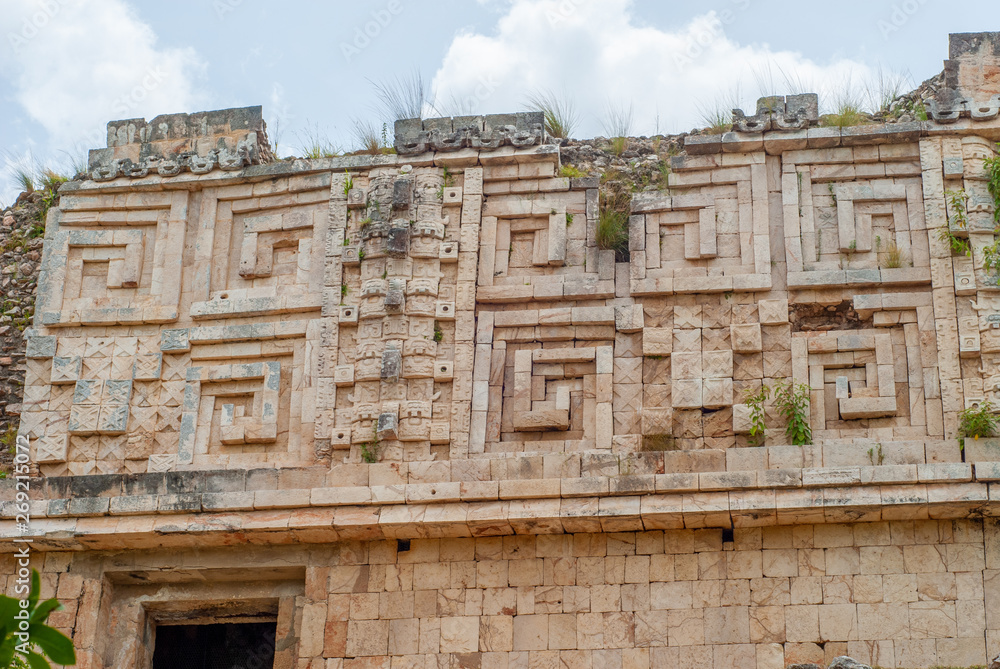 Details of the decorations of temples, in the archaeological area of Uxmal, in the Mexican Yucatan peninsula