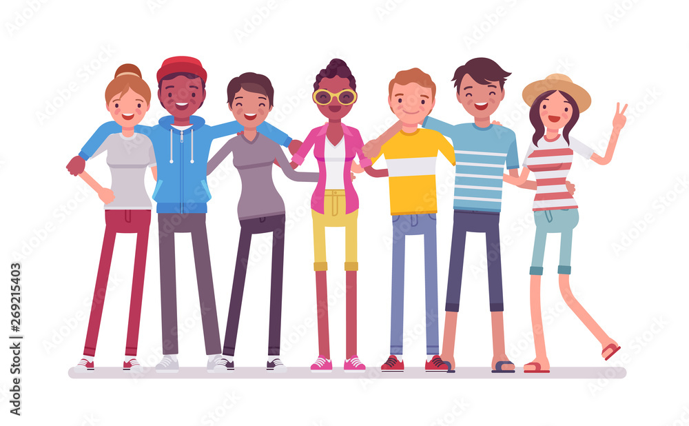 Group of happy teen friends. Young smiling people, teenager boys and girls  standing together, adolescent unity. Vector flat style cartoon illustration  isolated, white background, full length portrait Stock Vector | Adobe Stock