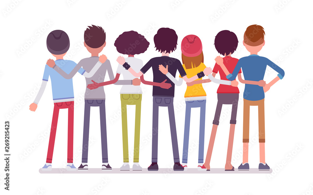 Group of teen friends rear view. Young people, teenager boys and girls  standing together, adolescent unity. Vector flat style cartoon illustration  isolated, white background, full length portrait Stock Vector | Adobe Stock