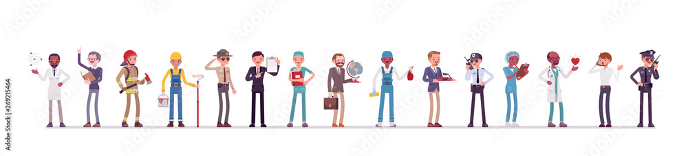 Different male professions and business. Working people, men in occupation standing together, employee union and career. Vector flat style cartoon illustration isolated, white background, full length