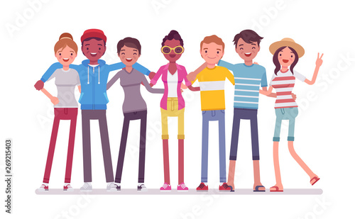 Group of happy teen friends. Young smiling people, teenager boys and girls standing together, adolescent unity. Vector flat style cartoon illustration isolated, white background, full length portrait