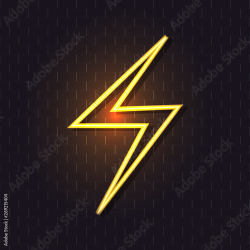 Vector Neon Bright Yelow Lightning Icon with Shadow, Luminescent Sign Isolated on Dark Background.