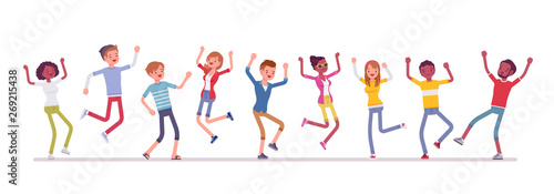 Dancing group of happy people. Friends, young smiling people, teenager boys, girls together, adolescent unity. Vector flat style cartoon illustration isolated, white background, full length portrait