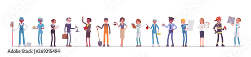 Different male, female professions and business. Working people, in occupation standing together, employee union, career. Vector flat style cartoon illustration isolated, white background, full length