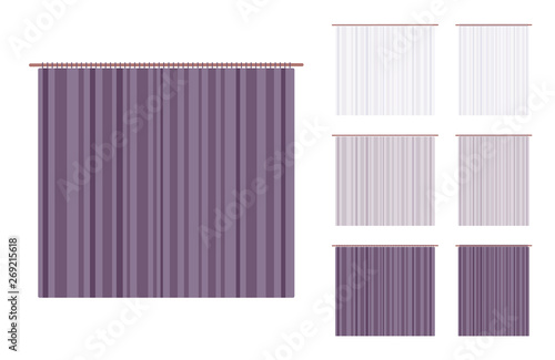 Curtain and frame drapery set. Wide blackout cloth, room darkening textile, indoor or outdoor fabric. Vector flat style cartoon illustration isolated on white background, different views and color