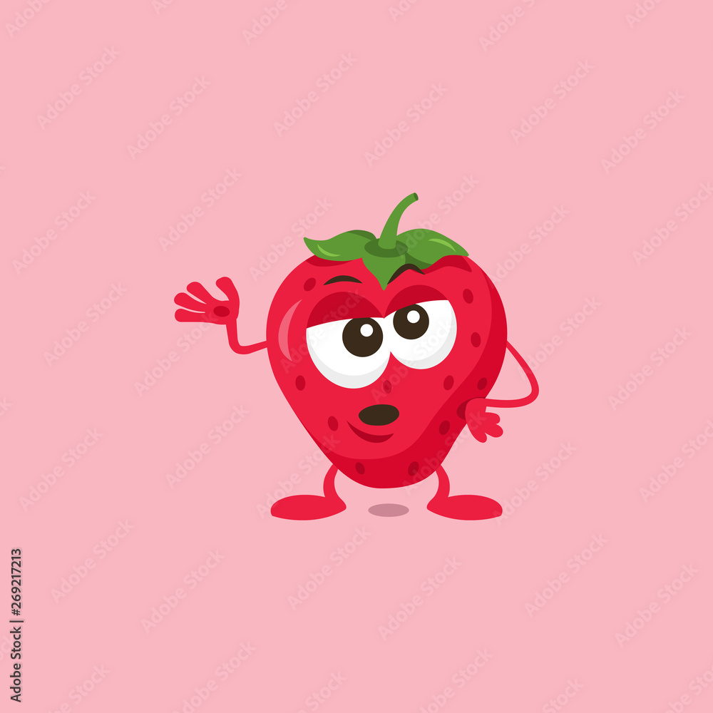 Illustration of cute bored strawberry mascot explains something isolated on light background. Flat design style for your mascot branding.