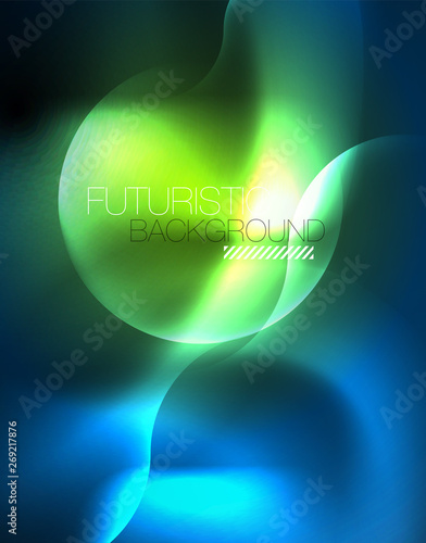 Neon glowing wave lines, blue hi-tech futuristic abstract background template