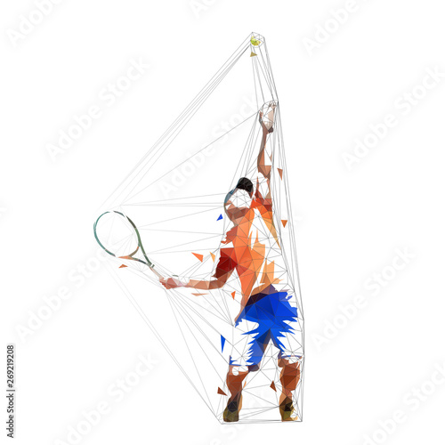 Tennis player serving ball, low poly vector illustration. Geometric man playing tennis. Individual summer sport. Active people