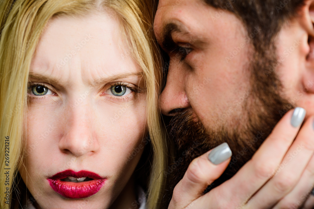Couple in love. Beautiful woman touch beard of man. Love, care, tenderness. Girl with makeup touching face of bearded man. Beautiful couple in tender passion. Romantic relationships. Intimacy concept. Couple in love. Beautiful woman touch beard of man. Love, care, tenderness. Girl with makeup touching face of bearded man. Beautiful couple in tender passion. Romantic relationships. Intimacy concept.