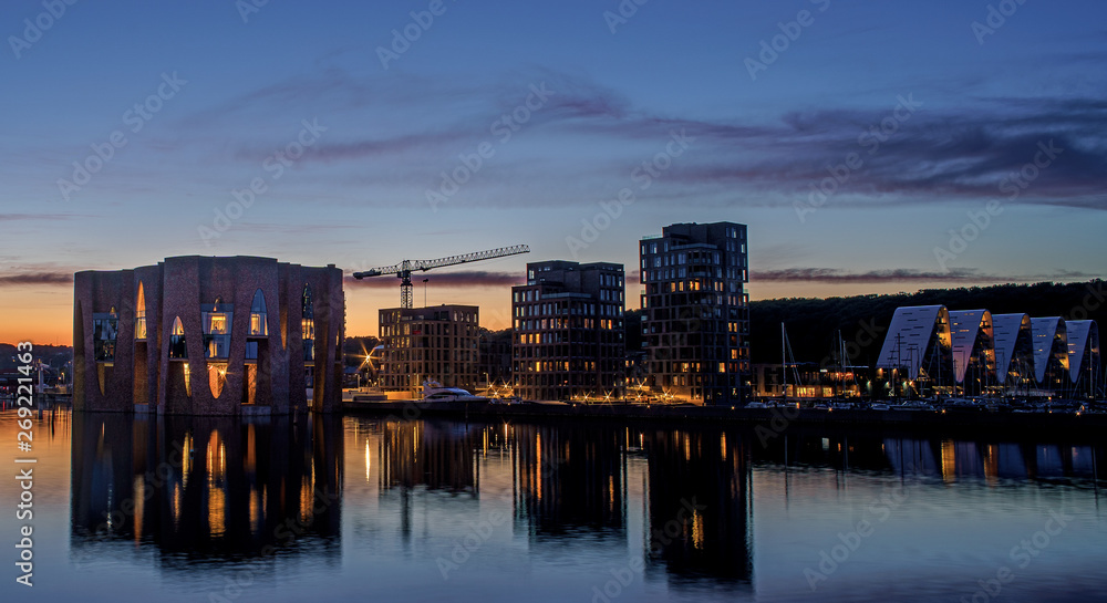 Night landscape of building near the pier. Vejle